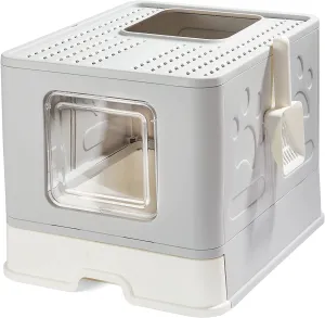 Foldable Cat Litter Box with Lid, Large Top Entry Anti-Splashing with Cat Litter Scoop, Enclosed Plastic Kitty Litter Box with Drawer Type Easy Clean Cat Litter Pan(Gray)