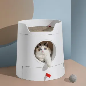 Michu XL Castle 2-in-1 Semi- Closed Cat Litter Box with Scratch Pad in White